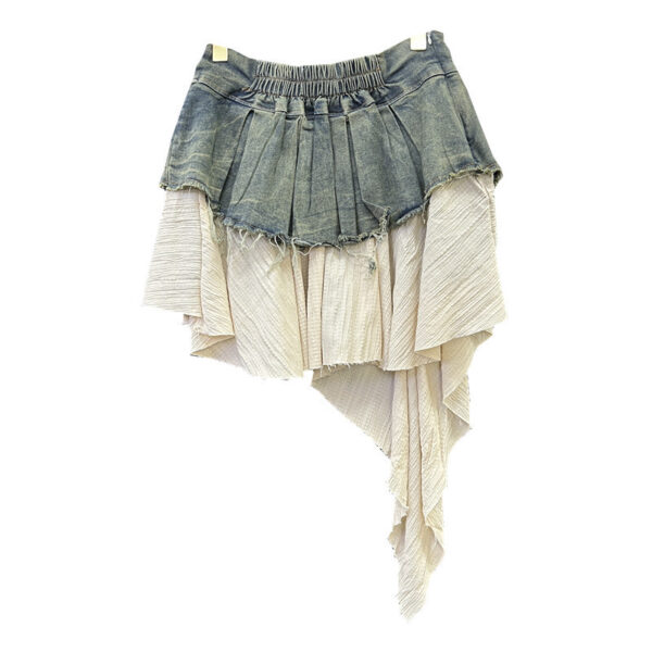 Retro Patchwork Denim Pleated Skirt - Image 2