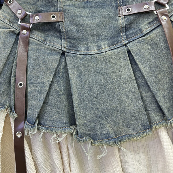 Retro Patchwork Denim Pleated Skirt - Image 3