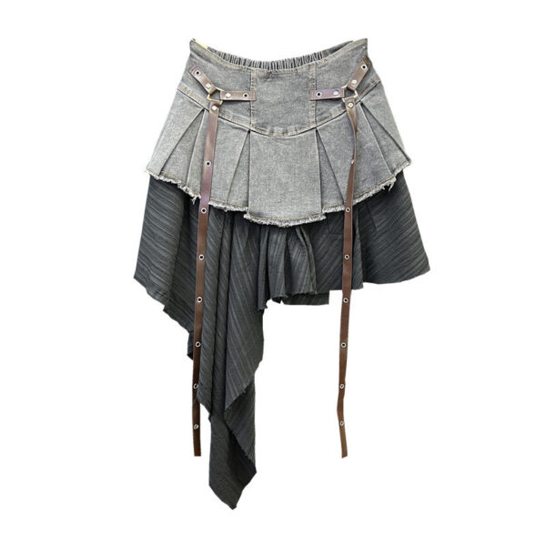 Retro Patchwork Denim Pleated Skirt - Image 4