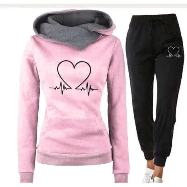 Love Heart Printed Sports Suit Hooded Sweatshirt Top And Drawstring Pants Fashion Casual Clothing For Women - Image 3