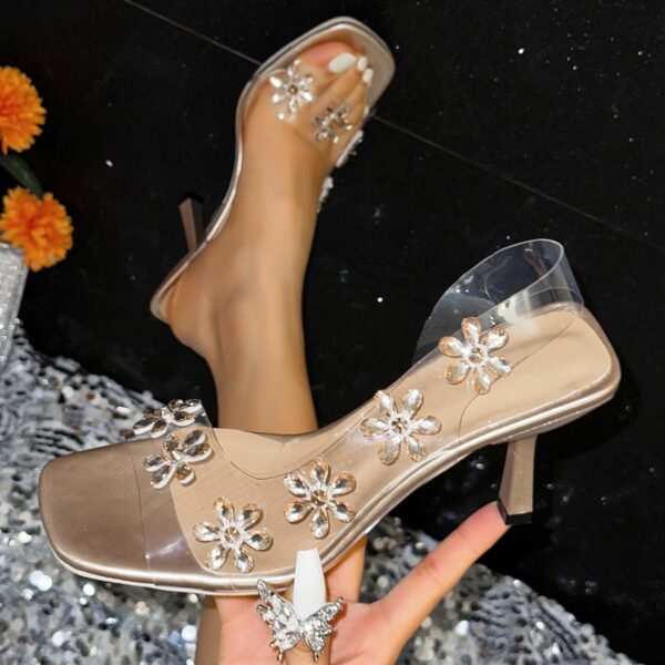 Square Toe Rhinestone Transparent Strap High Heels - Image 5