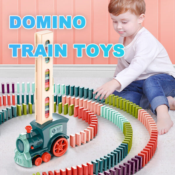 child playing with domino train toy for kids