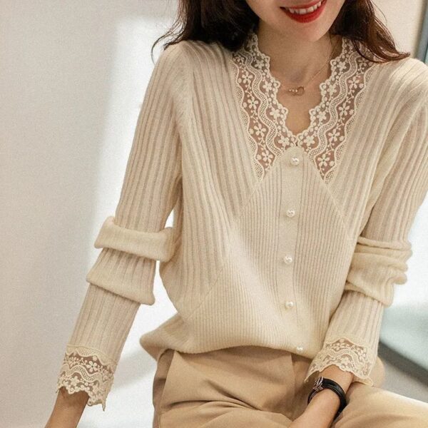 Inner Lace Knitted V-neck Bottoming Shirt - Image 2