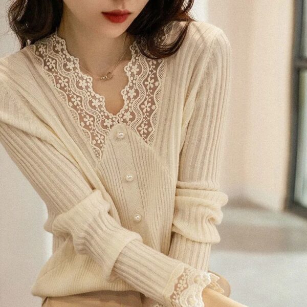 Inner Lace Knitted V-neck Bottoming Shirt - Image 5