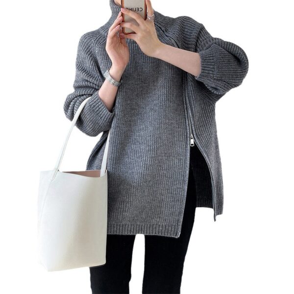 Double-headed Zipper Turtleneck Sweater Coat Loose Plus Size Knitwear - Image 3