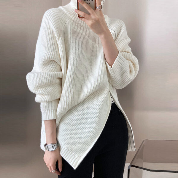 Double-headed Zipper Turtleneck Sweater Coat Loose Plus Size Knitwear - Image 4