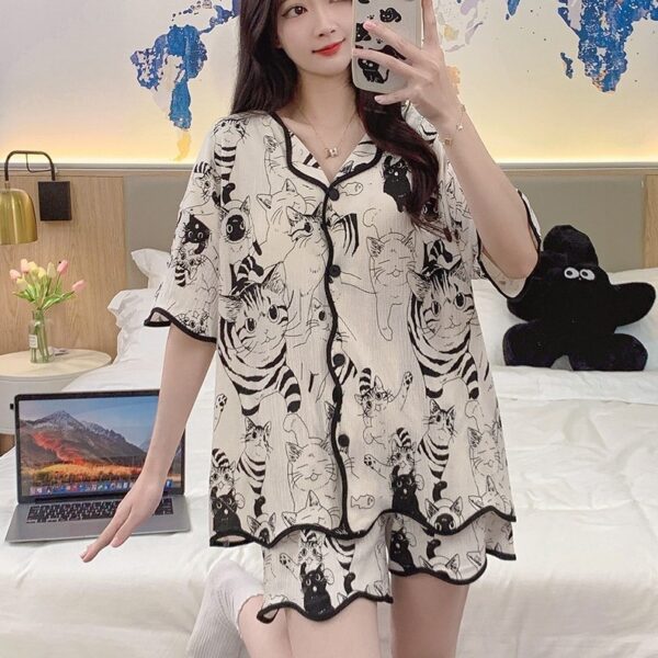 Summer Women's Cardigan Padded Pajamas Short Sleeve Shorts