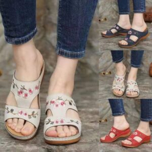 Flower Embroidered Sandals Wedge Heel Plus Size Women's Slippers
