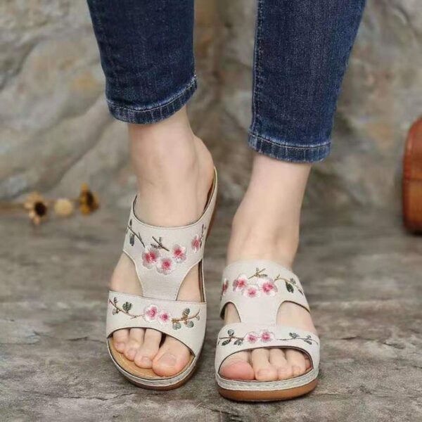 Flower Embroidered Sandals Wedge Heel Plus Size Women's Slippers - Image 7