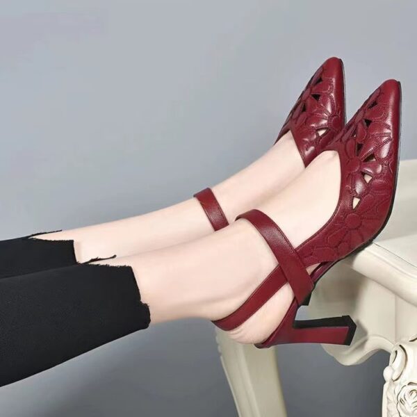 Fashion High Heel Sandals Pointed Toe Soft Leather Hollow High Heels - Image 5