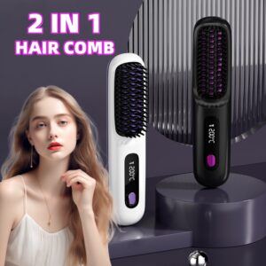 Woman using wireless hair straightener brush